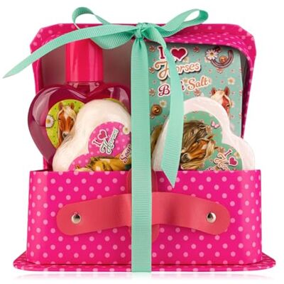 accentra Geschenkset I LOVE HORSES für Jugendliche und Mädchen, inkl. Schaumbad, Badesalz, Badefizzer und Seife, mit süßem Duft nach Erdbeere verpackt in einem Papierkoffer accentra Geschenkset I LOVE HORSES für Jugendliche und Mädchen, inkl. Schaumbad, Badesalz, Badefizzer und Seife, mit süßem Duft nach Erdbeere verpackt in einem Papierkoffer