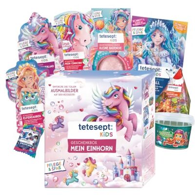 tetesept Kids Geschenkbox Mein Einhorn, Badezusatz, 8er Set Mit Sprudelbad, Schaumbad, Badeüberraschung & Armband, hautpflegende Rezeptur tetesept Kids Geschenkbox Mein Einhorn, Badezusatz, 8er Set Mit Sprudelbad, Schaumbad, Badeüberraschung & Armband, hautpflegende Rezeptur