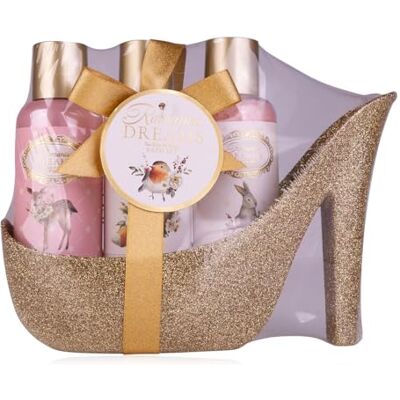 accentra Geschenkset ROMANTIC DREAMS für Frauen, Bade Wellness Pflegeset im High Heel Glitterpumps Design in Rosa Gold, Tea Rose & Velvet Duft, 100 ml Duschgel, 100 ml Bodylotion, 130 g Badesalz accentra Geschenkset ROMANTIC DREAMS für Frauen, Bade Wellness Pflegeset im High Heel Glitterpumps Design in Rosa Gold, Tea Rose & Velvet Duft, 100 ml Duschgel, 100 ml Bodylotion, 130 g Badesalz