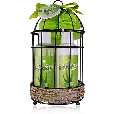 accentra – Duschset Frauen Geschenkset ALOE VERA in wunderschönem Drahtkorb – 5-teiliges Pflegeset mit Duschgel, Bodylotion, Badesalz & Schaumbad – Wellness Geschenk Set zum Geburtstag, Valentinstag accentra – Duschset Frauen Geschenkset ALOE VERA in wunderschönem Drahtkorb – 5-teiliges Pflegeset mit Duschgel, Bodylotion, Badesalz & Schaumbad – Wellness Geschenk Set zum Geburtstag, Valentinstag