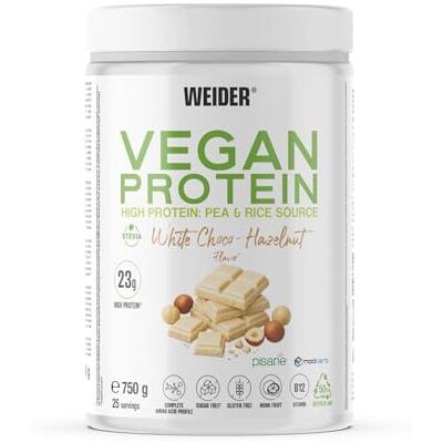 Weider Vegan Protein (750g) Weiße Schokolade-Haselnuss, 23g Protein/Dosis 100% pflanzliches Protein aus Erbse (Pisane) + Reis, mit Vitamin B12, Mönchsfrucht und Stevia, Zuckerfrei, Glutenfrei Weider Vegan Protein (750g) Weiße Schokolade-Haselnuss, 23g Protein/Dosis 100% pflanzliches Protein aus Erbse (Pisane) + Reis, mit Vitamin B12, Mönchsfrucht und Stevia, Zuckerfrei, Glutenfrei
