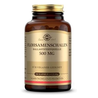 SOLGAR ® Flohsamenschalen 500mg Ballaststoffquelle fördert eine gesunde Darmfunktion Optimal für eine gezielte Ballaststoffzufuhr 100 Tage Vorrat SOLGAR ® Flohsamenschalen 500mg Ballaststoffquelle fördert eine gesunde Darmfunktion Optimal für eine gezielte Ballaststoffzufuhr 100 Tage Vorrat