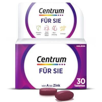 Centrum Multivitamin Für Sie – Hochwertiges Nahrungsergänzungsmittel mit Mikronährstoffen – Speziell für Frauen – Vitamine, Mineralstoffe, Spurenelemente – 1 x 30 Tabletten Centrum Multivitamin Für Sie – Hochwertiges Nahrungsergänzungsmittel mit Mikronährstoffen – Speziell für Frauen – Vitamine, Mineralstoffe, Spurenelemente – 1 x 30 Tabletten