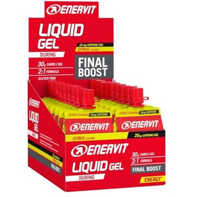 ENERVIT , Flüssiges Gel für Koffein, Zitrusgeschmack, Ausdauersport, 30 g Kohlenhydrate, 25 Milligramm Koffein, Maltodextrin und Fruktose, 18 Stück (60 ml) ENERVIT , Flüssiges Gel für Koffein, Zitrusgeschmack, Ausdauersport, 30 g Kohlenhydrate, 25 Milligramm Koffein, Maltodextrin und Fruktose, 18 Stück (60 ml)