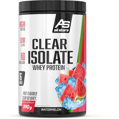 All Stars Clear Isolate Whey Protein Pulver ohne Zucker 390g Watermelon Fruchtig-leckerer Shake mit ca. 20g Eiweiß pro Portion, Kalorienarm All Stars Clear Isolate Whey Protein Pulver ohne Zucker 390g Watermelon Fruchtig-leckerer Shake mit ca. 20g Eiweiß pro Portion, Kalorienarm
