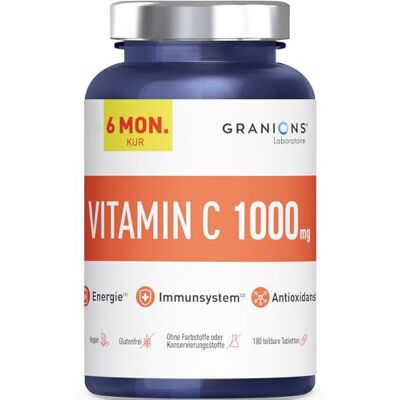 Granions Vitamin C 1000 mg – Vitamin C Hochdosiert, 6 Monate, 180 Tabletten, Vegan Vitamin Supplements für Erwachsene – unterstützt Immunsystem, Energiestoffwechsel & Zellschutz – Granions Vitamin C 1000 mg – Vitamin C Hochdosiert, 6 Monate, 180 Tabletten, Vegan Vitamin Supplements für Erwachsene – unterstützt Immunsystem, Energiestoffwechsel & Zellschutz –