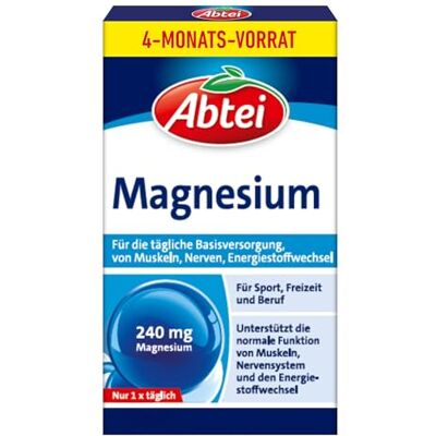 Abtei Magnesium – Basisversorgung für den Alltag – Für Muskeln und Nerven – Glutenfrei, Laktosefrei – Vorratspackung – 120 Kapseln für 4 Monate Abtei Magnesium – Basisversorgung für den Alltag – Für Muskeln und Nerven – Glutenfrei, Laktosefrei – Vorratspackung – 120 Kapseln für 4 Monate