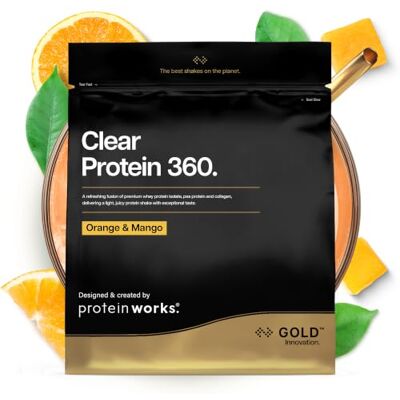 THE PROTEIN WORKS Protein Works Clear Protein 360 Gold, Orange & Mango, 360g 20 g Tri-Protein-Mix, Whey-Isolat, hydrolysiertes Erbsenprotein, Rinderkollagenpeptide, Vitamin C, fett- & zuckerarm THE PROTEIN WORKS Protein Works Clear Protein 360 Gold, Orange & Mango, 360g 20 g Tri-Protein-Mix, Whey-Isolat, hydrolysiertes Erbsenprotein, Rinderkollagenpeptide, Vitamin C, fett- & zuckerarm