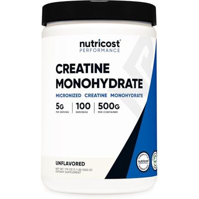 Nutricost Kreatin-Monohydrat mikronisiertes Pulver 500g, 5000 mg pro Portion(5g) – 100 Portionen für Ausdauer, sportliche Leistung und Erholung Nutricost Kreatin-Monohydrat mikronisiertes Pulver 500g, 5000 mg pro Portion(5g) – 100 Portionen für Ausdauer, sportliche Leistung und Erholung