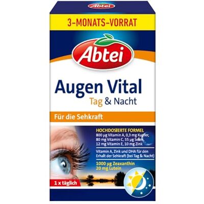 Abtei Augen Vital Tag und Nacht – Zum Erhalt der Sehkraft – Hochdosiert, Glutenfrei, Laktosefrei – Vorratspackung – 90 Kapseln für 3 Monate Abtei Augen Vital Tag und Nacht – Zum Erhalt der Sehkraft – Hochdosiert, Glutenfrei, Laktosefrei – Vorratspackung – 90 Kapseln für 3 Monate