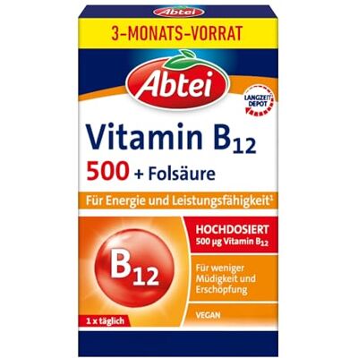Abtei Vitamin B12 plus Folsäure – Für weniger Müdigkeit und Erschöpfung – Hochdosiert, Vegan, Glutenfrei, Ohne Farbstoffe – Vorratspackung – 90 Tabletten für 3 Monate Abtei Vitamin B12 plus Folsäure – Für weniger Müdigkeit und Erschöpfung – Hochdosiert, Vegan, Glutenfrei, Ohne Farbstoffe – Vorratspackung – 90 Tabletten für 3 Monate
