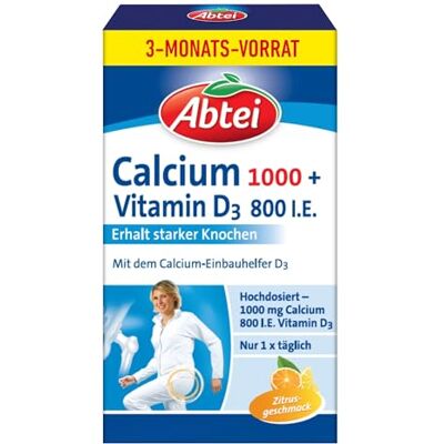 Abtei Calcium 1000 + Vitamin D3 – Für den Erhalt starker Knochen – Hochdosiert, Glutenfrei, Laktosefrei, Gelatinefrei – Vorratspackung – 90 Kautabletten für 3 Monate Abtei Calcium 1000 + Vitamin D3 – Für den Erhalt starker Knochen – Hochdosiert, Glutenfrei, Laktosefrei, Gelatinefrei – Vorratspackung – 90 Kautabletten für 3 Monate