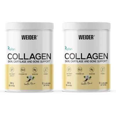 Weider Collagen DUO PACK (2x300g) Vanille, Hydrolysiertes Kollagen Typ I 100% Peptan mit Hyaluronsäure, Magnesium, Vitamin C, Zuckerfrei, Für Haut, Knorpel, Knochen und Haare Weider Collagen DUO PACK (2x300g) Vanille, Hydrolysiertes Kollagen Typ I 100% Peptan mit Hyaluronsäure, Magnesium, Vitamin C, Zuckerfrei, Für Haut, Knorpel, Knochen und Haare