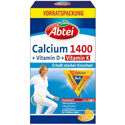 Abtei Calcium 1400 + Vitamin D & K – Für starke Knochen und die Muskelfunktion – Hochdosiert, Glutenfrei, Laktosefrei, Gelatinefrei – Vorratspackung mit 90 Kautabletten Abtei Calcium 1400 + Vitamin D & K – Für starke Knochen und die Muskelfunktion – Hochdosiert, Glutenfrei, Laktosefrei, Gelatinefrei – Vorratspackung mit 90 Kautabletten