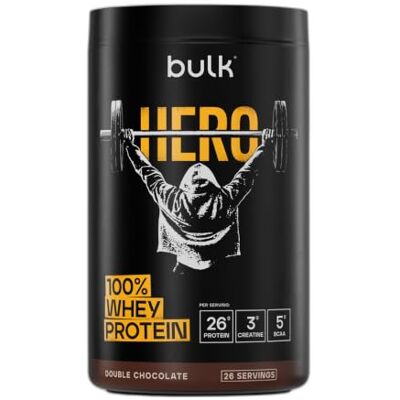 Bulk Hero Whey Protein Powder, Double Chocolate 26 Servings, 26g Protein + 3g Creatine, 5g BCAAs, Low Sugar, Fast Absorption, Isolate, Hydrolysed & Concentrate Blend Bulk Hero Whey Protein Powder, Double Chocolate 26 Servings, 26g Protein + 3g Creatine, 5g BCAAs, Low Sugar, Fast Absorption, Isolate, Hydrolysed & Concentrate Blend