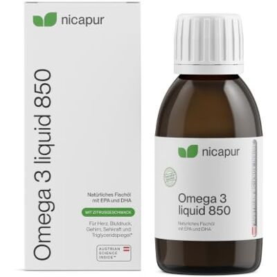 NICApur Omega 3 liquid 850 I Natürliches Fischöl I mit Docosahexaensäure (DHA) und Eicosapentaensäure (EPA) I Reinsubstanz ohne Zusatzstoffe I 150 ml, 10324 NICApur Omega 3 liquid 850 I Natürliches Fischöl I mit Docosahexaensäure (DHA) und Eicosapentaensäure (EPA) I Reinsubstanz ohne Zusatzstoffe I 150 ml, 10324