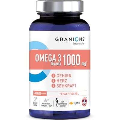 Granions OMEGA 3 Kapseln Hochdosiert 1000 mg 60 Kapseln, 1 Monat Omega 3 mit EPA DHA & Vitamin E, Fischöl EPAX für Herz, Gehirn & Sehkraft, Friend of the Sea zertifiziert Granions OMEGA 3 Kapseln Hochdosiert 1000 mg 60 Kapseln, 1 Monat Omega 3 mit EPA DHA & Vitamin E, Fischöl EPAX für Herz, Gehirn & Sehkraft, Friend of the Sea zertifiziert