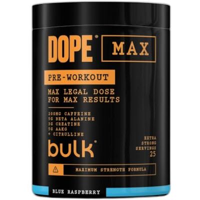 Bulk Dope Max Pre-Workout Pulver, Blaue Himbeere, 563 g 25 Portionen, 200 mg Koffein, 5 g Beta-Alanin, 3 g Kreatin, AAKG & Citrullin, Mit Himalaya-Kristallsalz aus Punjab, Pakistan Bulk Dope Max Pre-Workout Pulver, Blaue Himbeere, 563 g 25 Portionen, 200 mg Koffein, 5 g Beta-Alanin, 3 g Kreatin, AAKG & Citrullin, Mit Himalaya-Kristallsalz aus Punjab, Pakistan