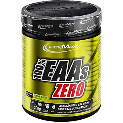 IronMaxx 100% EAAs Zero Ice Tea Lemon 500g EAAs Pulver hochdosiert, Vegan und zuckerfrei, 8 essentielle Aminosäuren zur Ergänzung deiner Sporternährung IronMaxx 100% EAAs Zero Ice Tea Lemon 500g EAAs Pulver hochdosiert, Vegan und zuckerfrei, 8 essentielle Aminosäuren zur Ergänzung deiner Sporternährung