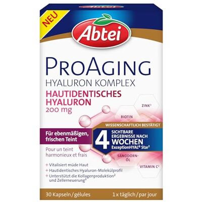 Abtei ProAging Hyaluron Komplex – Hyaluronsäure Kapseln – 200 mg hautidentisches Hyaluron, Sanddorn-Öl, Vitamin C & Biotin – bei sichtbaren Zeichen von Hautalterung – vegan, glutenfrei – 30 Kapseln Abtei ProAging Hyaluron Komplex – Hyaluronsäure Kapseln – 200 mg hautidentisches Hyaluron, Sanddorn-Öl, Vitamin C & Biotin – bei sichtbaren Zeichen von Hautalterung – vegan, glutenfrei – 30 Kapseln