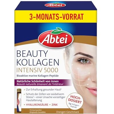 Abtei Beauty Kollagen Intensiv 5000 für natürliche Schönheit von innen hochdosiert, 5000 mg Kollagen-Peptide, Hyaluronsäure, Zink und Vitamin C – zuckerfrei Monatspackung, 30 Trinkampullen Abtei Beauty Kollagen Intensiv 5000 für natürliche Schönheit von innen hochdosiert, 5000 mg Kollagen-Peptide, Hyaluronsäure, Zink und Vitamin C – zuckerfrei Monatspackung, 30 Trinkampullen