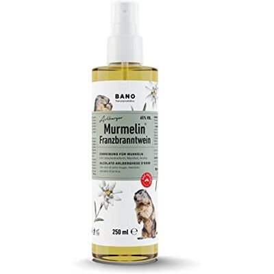 Bano Tiroler Murmelin Franzbranntwein 250ml, Ideal vor und nach Sport, sowie bei Muskelkater, zum Kühlen schwerer Beine, enthält 65% vol. Alkohol, echtes Latschenkieferöl, Menthol und Arnikaextrakt Bano Tiroler Murmelin Franzbranntwein 250ml, Ideal vor und nach Sport, sowie bei Muskelkater, zum Kühlen schwerer Beine, enthält 65% vol. Alkohol, echtes Latschenkieferöl, Menthol und Arnikaextrakt