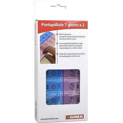 GIMA Pillenhalter Wöchentlich, 7 Fächer mit Tagen auf Italienisch und 2 separate Räume für Morgen (lila) und Nachmittagstabletten (blau), aus widerstandsfähigem Kunststoff, 41501 GIMA Pillenhalter Wöchentlich, 7 Fächer mit Tagen auf Italienisch und 2 separate Räume für Morgen (lila) und Nachmittagstabletten (blau), aus widerstandsfähigem Kunststoff, 41501