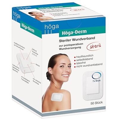 Höga Derm, steriler Wundverband, hautfreundlich, latexfrei und selbstklebend, 100 x 70 mm, 50 Stück, gebrauchsfertiges Pflaster Höga Derm, steriler Wundverband, hautfreundlich, latexfrei und selbstklebend, 100 x 70 mm, 50 Stück, gebrauchsfertiges Pflaster