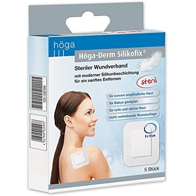 Höga Derm Silikofix 9 cm x 10 cm, steriler Wundverband (Pflaster) mit moderner Silikonbeschichtung für ein sanftes Entfernen, 5 Stück, Weiß Höga Derm Silikofix 9 cm x 10 cm, steriler Wundverband (Pflaster) mit moderner Silikonbeschichtung für ein sanftes Entfernen, 5 Stück, Weiß
