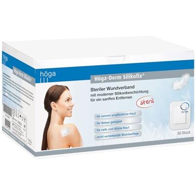 Höga Derm Silikofix 6 cm x 7 cm, steriler Wundverband (Pflaster) mit moderner Silikonbeschichtung für ein sanftes Entfernen, 50 Stück Höga Derm Silikofix 6 cm x 7 cm, steriler Wundverband (Pflaster) mit moderner Silikonbeschichtung für ein sanftes Entfernen, 50 Stück