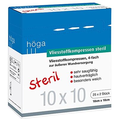 Höga Vliesstoffkompressen steril 10cm x 10cm, 4-fach zur äußeren Wundversorgung, sehr saugfähig, hautverträglich, besonders weich, 25x2 Stück, 30g/m², Klein, 1 Stück Höga Vliesstoffkompressen steril 10cm x 10cm, 4-fach zur äußeren Wundversorgung, sehr saugfähig, hautverträglich, besonders weich, 25x2 Stück, 30g/m², Klein, 1 Stück