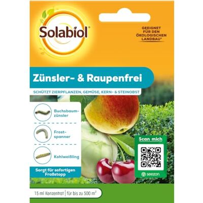 Solabiol Zünsler- und Raupenfrei Konzentrat 15 ml Flüssigkonzentrat mit Bacillus thuringiensis – wirksam gegen Buchsbaumzünsler, Frostspanner & Kohlweißling an Zierpflanzen Solabiol Zünsler- und Raupenfrei Konzentrat 15 ml Flüssigkonzentrat mit Bacillus thuringiensis – wirksam gegen Buchsbaumzünsler, Frostspanner & Kohlweißling an Zierpflanzen