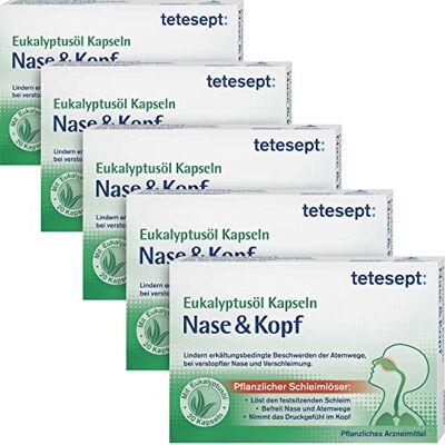 tetesept Eukalyptusöl Kapseln Nase und Kopf bei erkältungsbedingten Beschwerden der Atemwege bei verstopfter Nase und Verschleimung mit dem Wirkstoff Eukalyptusöl 5er Pack (5 x 20 Stück) tetesept Eukalyptusöl Kapseln Nase und Kopf bei erkältungsbedingten Beschwerden der Atemwege bei verstopfter Nase und Verschleimung mit dem Wirkstoff Eukalyptusöl 5er Pack (5 x 20 Stück)
