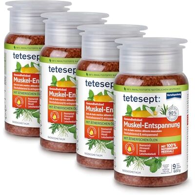 tetesept Meersalz Muskel-Entspannung – 4 x 600 g – Revitalisierendes Gesundheitsbad mit ätherischen Ölen – Entspannender Badezusatz mit naturreinem Meersalz tetesept Meersalz Muskel-Entspannung – 4 x 600 g – Revitalisierendes Gesundheitsbad mit ätherischen Ölen – Entspannender Badezusatz mit naturreinem Meersalz