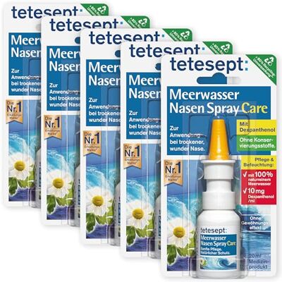 tetesept Meerwasser Nasen Spray Care – Pflegendes & abschwellendes Nasenspray für natürlichen Schutz & Regeneration – Nasenpflegespray bei Erkältung – 5 x 20 ml tetesept Meerwasser Nasen Spray Care – Pflegendes & abschwellendes Nasenspray für natürlichen Schutz & Regeneration – Nasenpflegespray bei Erkältung – 5 x 20 ml