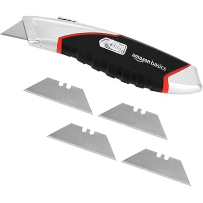 Amazon robustes, einziehbares, ergonomisches Allzweckmesser mit automatischer Ladefunktion, 3-Positionen-Feststellklinge mit insgesamt 5 Klingen, Schwarz/Silberfarben Amazon robustes, einziehbares, ergonomisches Allzweckmesser mit automatischer Ladefunktion, 3-Positionen-Feststellklinge mit insgesamt 5 Klingen, Schwarz/Silberfarben
