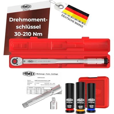FAMEX 10886-3N-KS Drehmomentschlüssel 1/2" (12,5mm) 30-210 Nm mit Kalibrierschein Toleranz nur +/-3% Radmuttern- Schoneinsätze mit drehbaren Schutzhülsen für Radschrauben an Auto PKW Van FAMEX 10886-3N-KS Drehmomentschlüssel 1/2" (12,5mm) 30-210 Nm mit Kalibrierschein Toleranz nur +/-3% Radmuttern- Schoneinsätze mit drehbaren Schutzhülsen für Radschrauben an Auto PKW Van