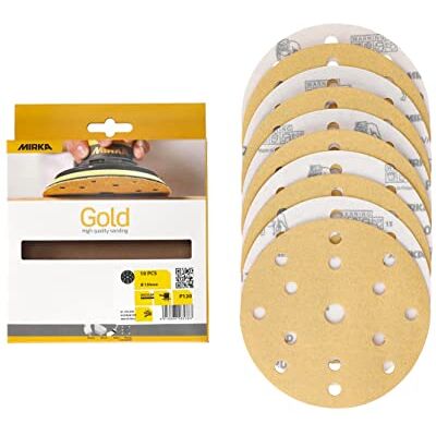 Mirka Gold Universal-Schleifpapier Ø 150mm Schleifscheiben Klett 15-Loch, Korn P120, 10 Stk/Zum Schleifen von Gips, Spachtel, Spanplatten, Holz, Lack Mirka Gold Universal-Schleifpapier Ø 150mm Schleifscheiben Klett 15-Loch, Korn P120, 10 Stk/Zum Schleifen von Gips, Spachtel, Spanplatten, Holz, Lack