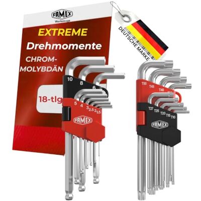 FAMEX 10790 Sechskant Winkelschraubendreher für Innensechskant- und für Torx-Schrauben, lang, 18-teilig, aus speziellem Chrom-Vanadium-Molybdän-S2-Stahl, extrem hoch belastbar FAMEX 10790 Sechskant Winkelschraubendreher für Innensechskant- und für Torx-Schrauben, lang, 18-teilig, aus speziellem Chrom-Vanadium-Molybdän-S2-Stahl, extrem hoch belastbar