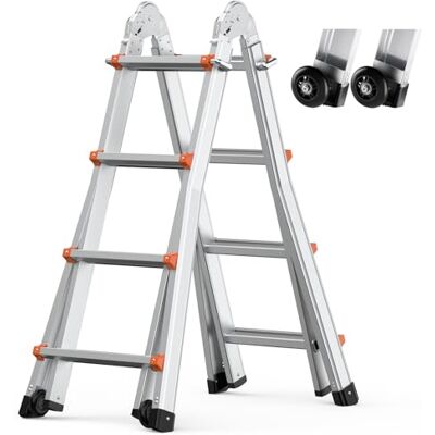 VEVOR Teleskopleiter mit A-Rahmen, 4,5 m Lange, kompakte Aluminium-Ausziehleiter, multifunktionale, Wohnmobilleiter, Teleskopleiter für Hausaufgaben, Treppen, Innen- und Außendächer, 150 kg Tragkraft VEVOR Teleskopleiter mit A-Rahmen, 4,5 m Lange, kompakte Aluminium-Ausziehleiter, multifunktionale, Wohnmobilleiter, Teleskopleiter für Hausaufgaben, Treppen, Innen- und Außendächer, 150 kg Tragkraft