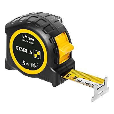 Stabila Taschenbandmaß BM 300, 5 m (16'), Maßband mit doppelseitiger cm/inch-Skala, bruchsicheres PC/ABS-Gehäuse, SPIKES-Haken, Stahlband mit NYLON-WRAP-Ummantelung, Gürtel-Clip, MID-Genauigkeit Stabila Taschenbandmaß BM 300, 5 m (16'), Maßband mit doppelseitiger cm/inch-Skala, bruchsicheres PC/ABS-Gehäuse, SPIKES-Haken, Stahlband mit NYLON-WRAP-Ummantelung, Gürtel-Clip, MID-Genauigkeit