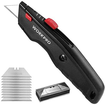 WORKPRO Premium Teppichmesser, Vollmetall, Schwarz Einziehbares Universalmesser, Strapazierfähiges Cuttermesser mit Schnellwechselklinge, 10 Zusätzliche Klingen WORKPRO Premium Teppichmesser, Vollmetall, Schwarz Einziehbares Universalmesser, Strapazierfähiges Cuttermesser mit Schnellwechselklinge, 10 Zusätzliche Klingen