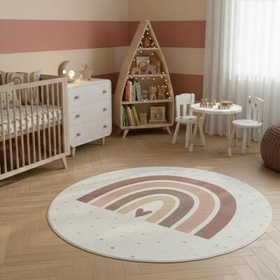 SIMPEX Kinderteppich Regenbogen Spielteppich rund 160 cm für Kinderzimmer in Creme mit Herz Motiv ideal als Spielunterlage SIMPEX Kinderteppich Regenbogen Spielteppich rund 160 cm für Kinderzimmer in Creme mit Herz Motiv ideal als Spielunterlage
