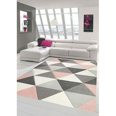 Merinos Teppich modern Designerteppich mit Dreieck Muster in Rosa Grau Creme Größe 200 x 290 cm Merinos Teppich modern Designerteppich mit Dreieck Muster in Rosa Grau Creme Größe 200 x 290 cm