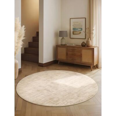 vikosa Viskose Teppich Noemi Flauschiger Wohnzimmerteppich Rund, Handgemacht & Weich, Einfarbiges Design Handgewebt, dezenter Glanz, Kurzflor für Wohnzimmer, Schlafzimmer, Flur Elfenbein, Ø 150 cm vikosa Viskose Teppich Noemi Flauschiger Wohnzimmerteppich Rund, Handgemacht & Weich, Einfarbiges Design Handgewebt, dezenter Glanz, Kurzflor für Wohnzimmer, Schlafzimmer, Flur Elfenbein, Ø 150 cm