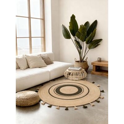 Hanse Home Basil Juteteppich Natur Wohnzimmereppich Rund aus 100% Jute, Handgewebt mit Fransen, Robust & Pflegeleicht, Boho Naturfaser Teppich für Wohnzimmer, Schlafzimmer Natur Gold Grün, Ø200cm Hanse Home Basil Juteteppich Natur Wohnzimmereppich Rund aus 100% Jute, Handgewebt mit Fransen, Robust & Pflegeleicht, Boho Naturfaser Teppich für Wohnzimmer, Schlafzimmer Natur Gold Grün, Ø200cm