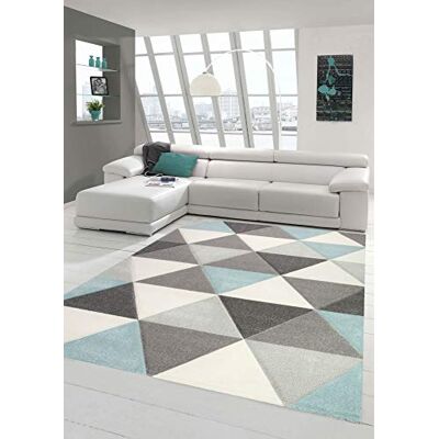 Merinos Teppich Wohnzimmer Teppich Design mit Dreieck Muster in Blau Grau Creme Größe 80x150 cm Merinos Teppich Wohnzimmer Teppich Design mit Dreieck Muster in Blau Grau Creme Größe 80x150 cm