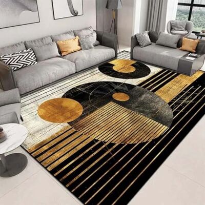 ART Großer Vintage Wohnzimmer Teppich Waschbarer Kurzflor Teppich rutschfest Teppiche Weich Flauschig für Schlafzimmer Esszimmer Küche (Schwarz Gold Weiß, 120 x 160 cm) ART Großer Vintage Wohnzimmer Teppich Waschbarer Kurzflor Teppich rutschfest Teppiche Weich Flauschig für Schlafzimmer Esszimmer Küche (Schwarz Gold Weiß, 120 x 160 cm)