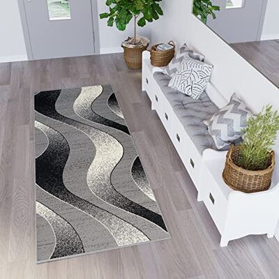TAPISO Dream Teppich Läufer Flur Brücke Modern Streifen Wellen Streifen Muster in Hellgrau Creme Schwarz Korridor Wohnzimmer ÖKOTEX 120 x 180 cm TAPISO Dream Teppich Läufer Flur Brücke Modern Streifen Wellen Streifen Muster in Hellgrau Creme Schwarz Korridor Wohnzimmer ÖKOTEX 120 x 180 cm