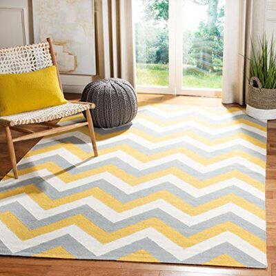 Safavieh Zeitgenössische Teppich für Wohnzimmer, Esszimmer, Schlafzimmer Dhurrie Collection, Kurzer Flor, Gold und Grau, 152 X 244 cm Safavieh Zeitgenössische Teppich für Wohnzimmer, Esszimmer, Schlafzimmer Dhurrie Collection, Kurzer Flor, Gold und Grau, 152 X 244 cm